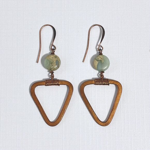 Copper African Opal Earrings Dangle Triangle Hooks Pierced Natural Stone Jasper - Picture 1 of 6